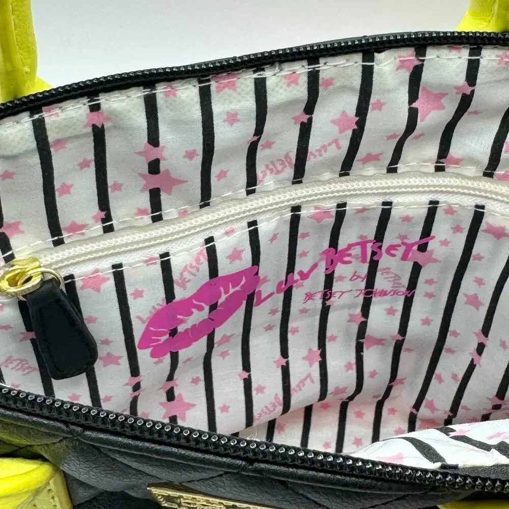 Luv Betsey by Betsey Johnson Black Pink Quilted Satchel Crossbody Bag Gold Chain